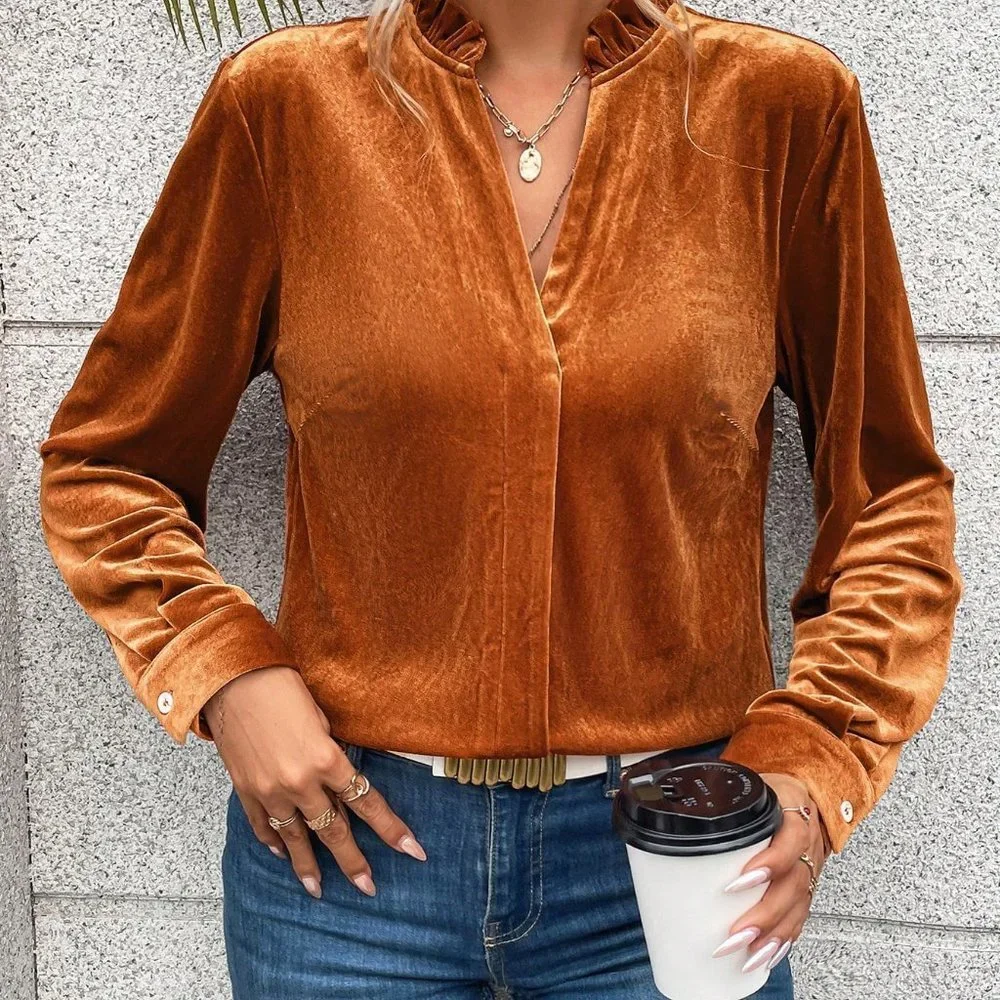 Brown Casual Womens Notched Neckline Velvet Tee - Picture 3 of 5